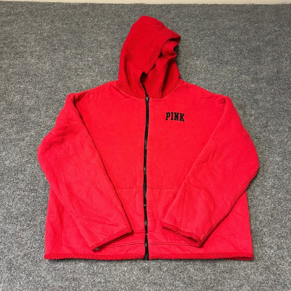 PINK Hoodie Womens Size M Red Full Zip Sherpa Lined Hood Embroidered Logo Fleece